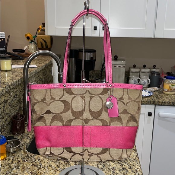 Coach Pink And Tan Signature Handbag - Picture 1 of 4